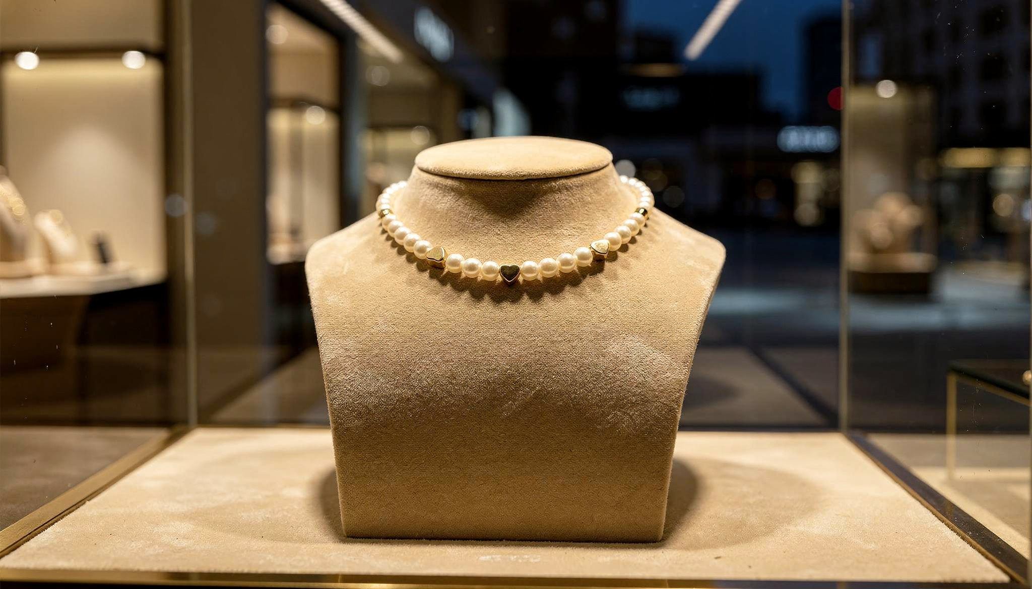 Perlenkette mit goldfarbenen Herzdetails – romantische Damen Halskette