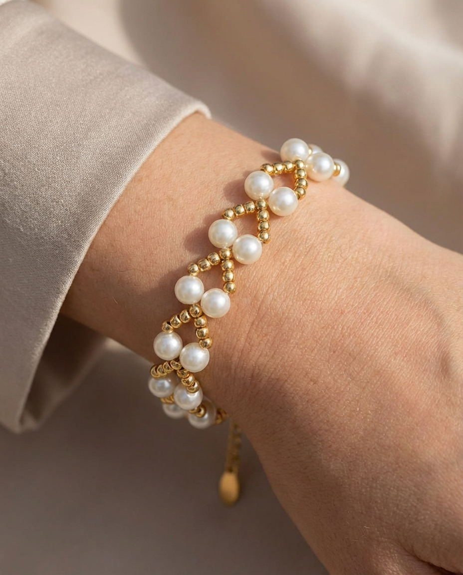 Elegantes Perlen Armband mit Goldfarbenen-Details – Verstellbares Damen Schmuckarmband