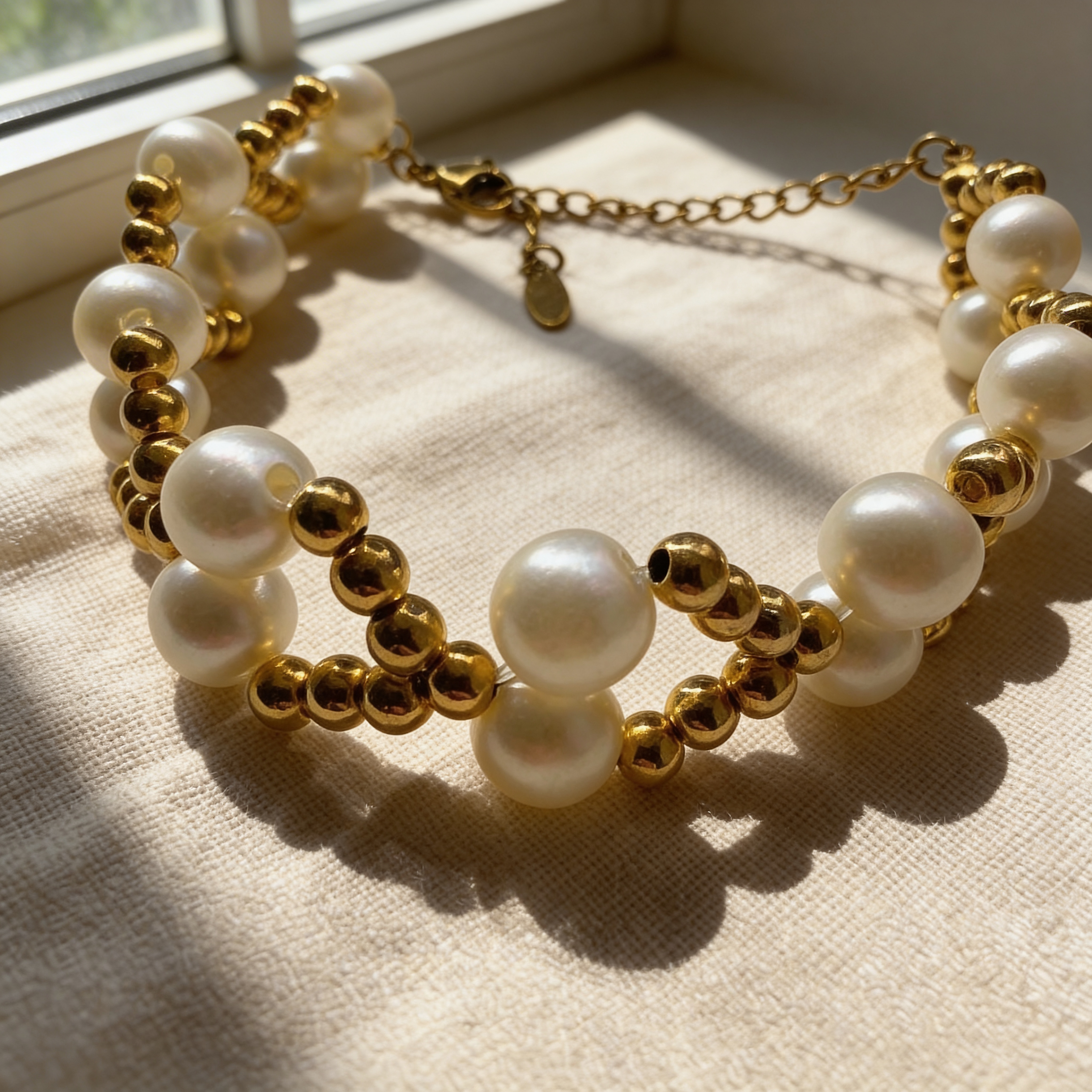 Elegantes Perlen Armband mit Goldfarbenen-Details – Verstellbares Damen Schmuckarmband