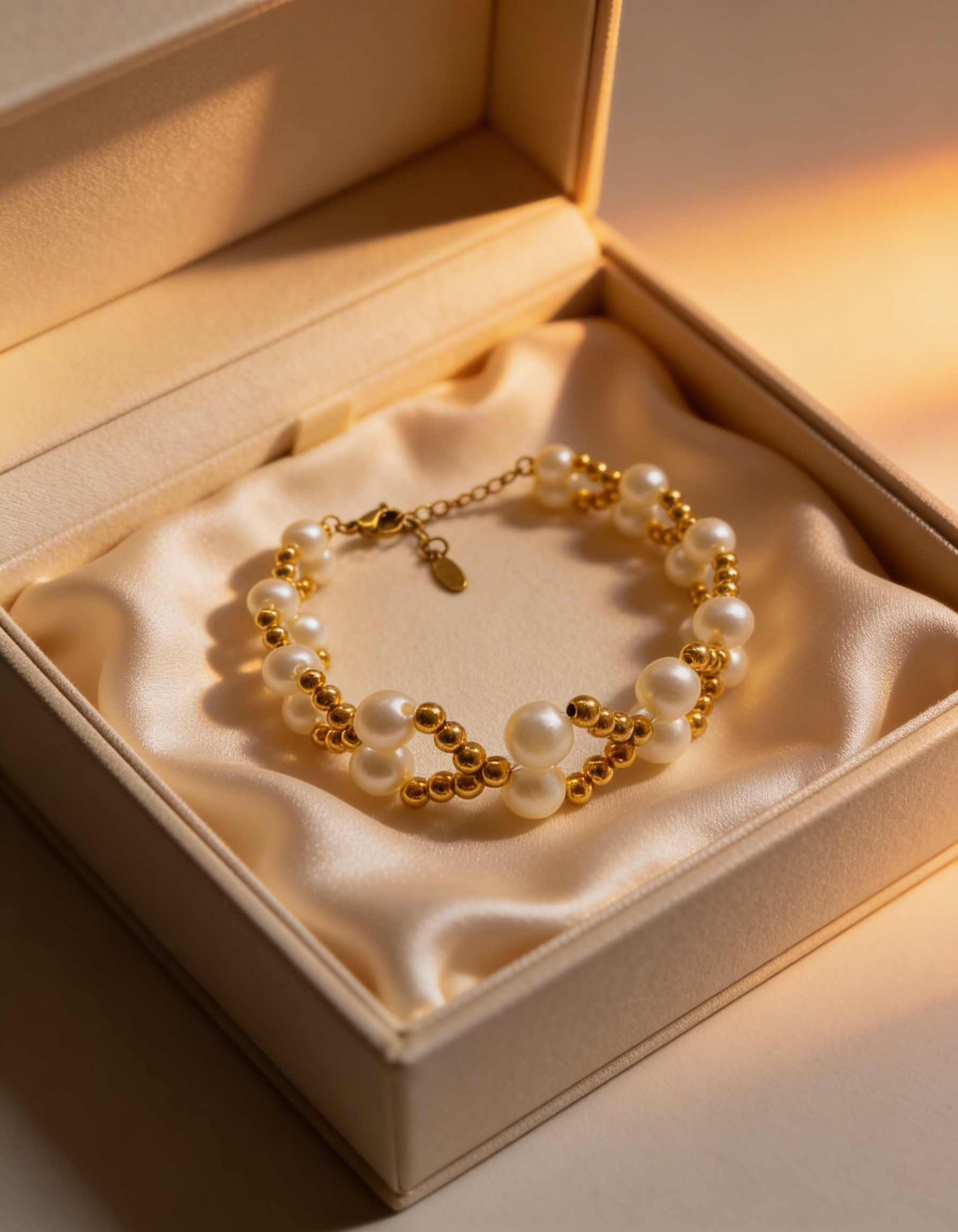 Elegantes Perlen Armband mit Goldfarbenen-Details – Verstellbares Damen Schmuckarmband