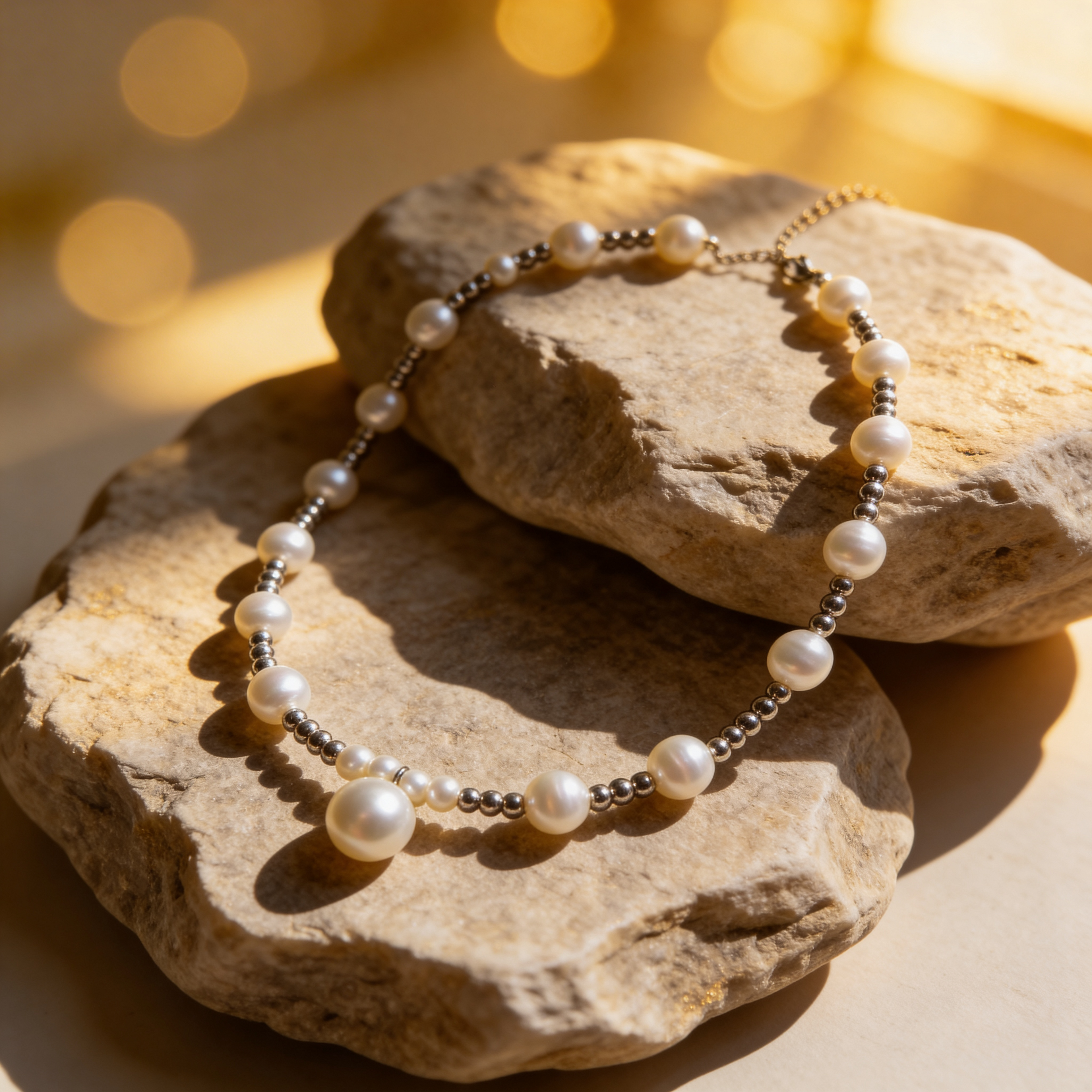 Elegantes Perlen Schmuckset – Silberfarbene Halskette & Armband