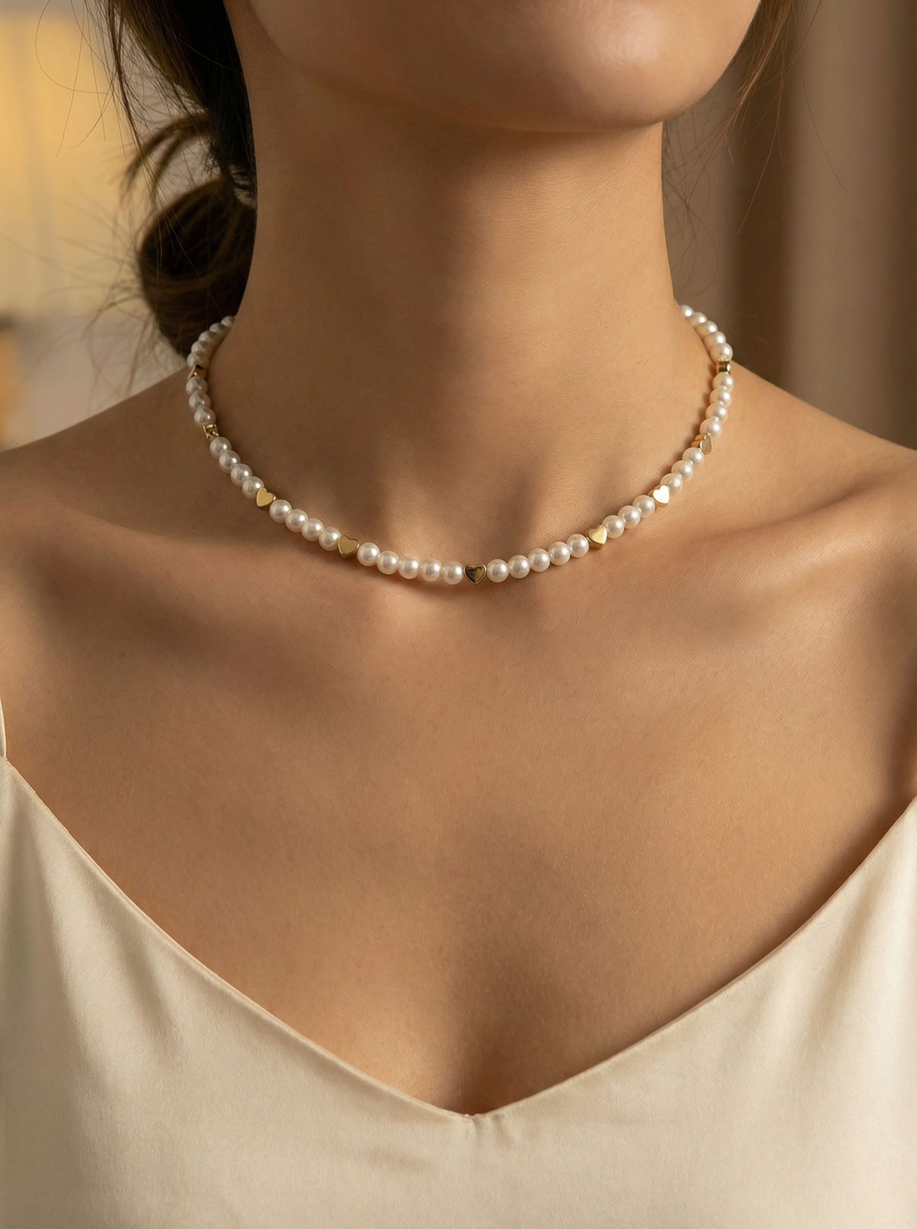 Perlenkette mit goldfarbenen Herzdetails – romantische Damen Halskette