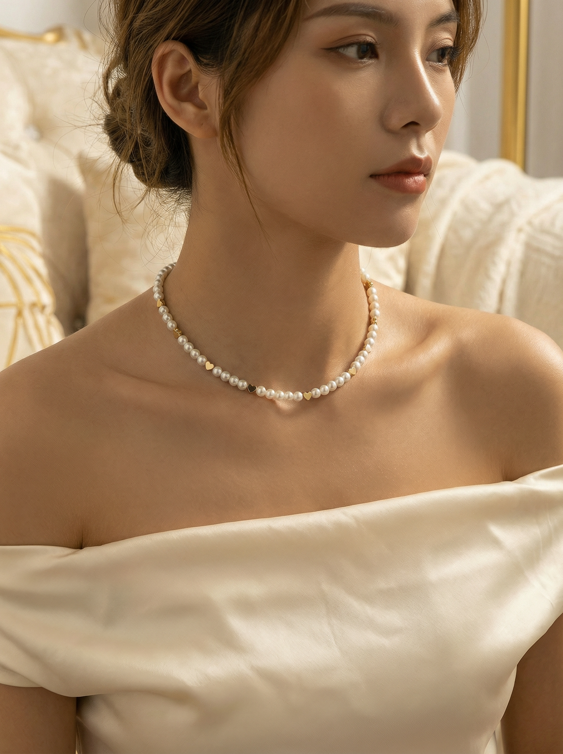 Perlenkette mit goldfarbenen Herzdetails – romantische Damen Halskette